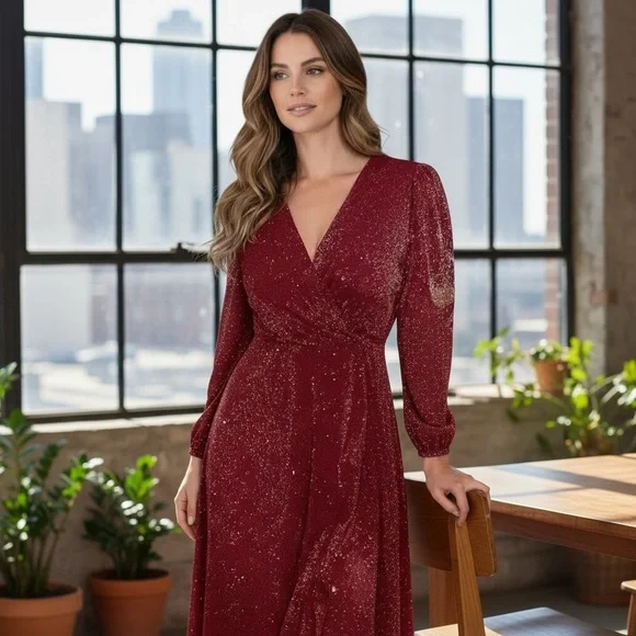 Women’s V-Neck Cinched Waist A-line Dress - Picture 1 of 9